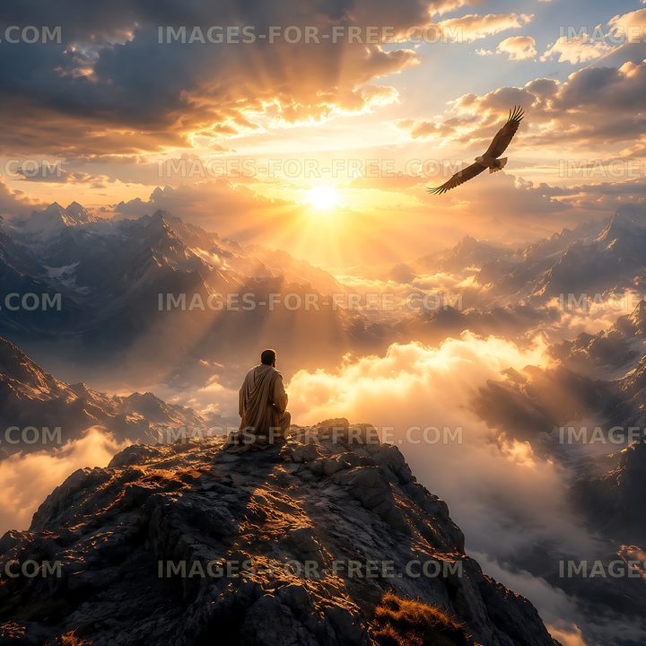 Sunset view from mountain peak with figure and eagle soaring