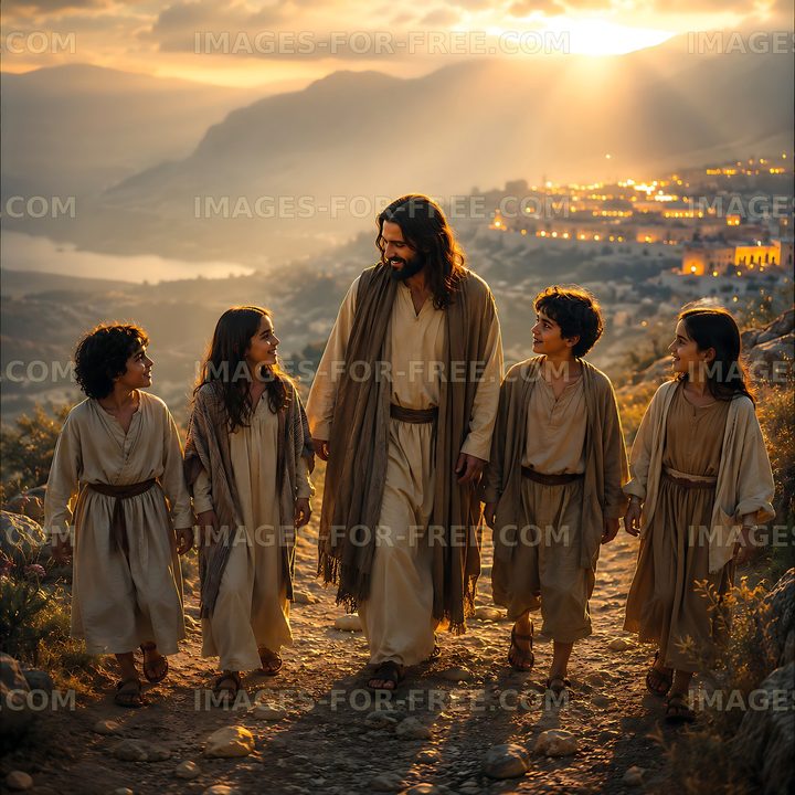 Children walking with a man on a path at sunset
