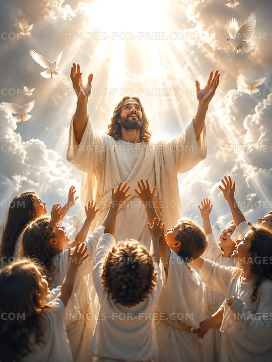 Jesus surrounded by children with arms raised