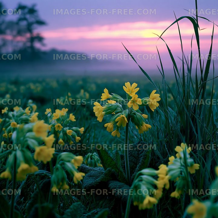 Yellow flowers bloom in a field at sunrise