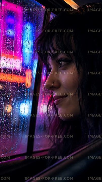 Woman looking out of a car window during a rainy night