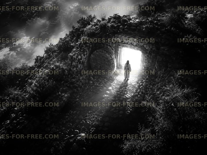 Person walking through stone archway in black and white