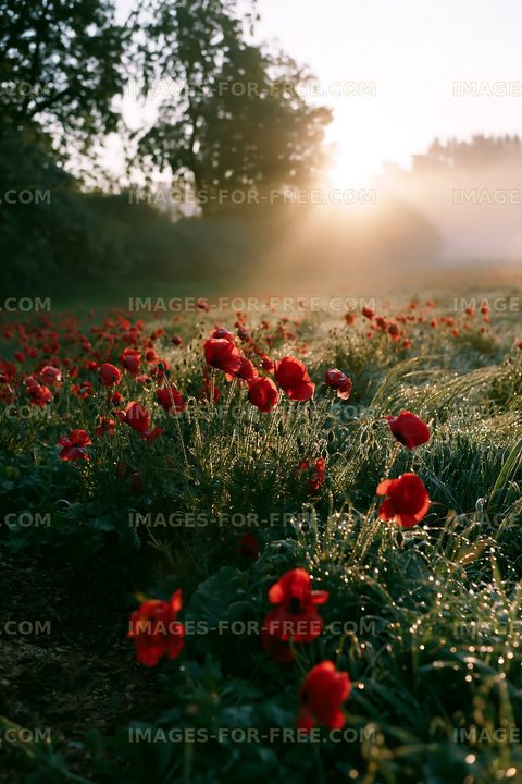 Red poppies in a misty field during sunrise