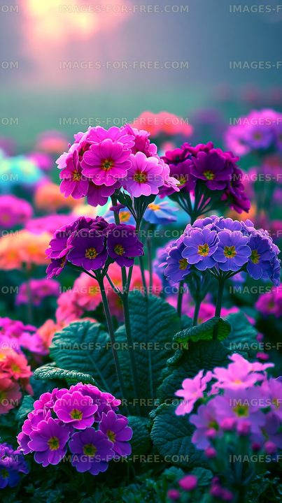 Colorful flowers blooming in a garden during sunset