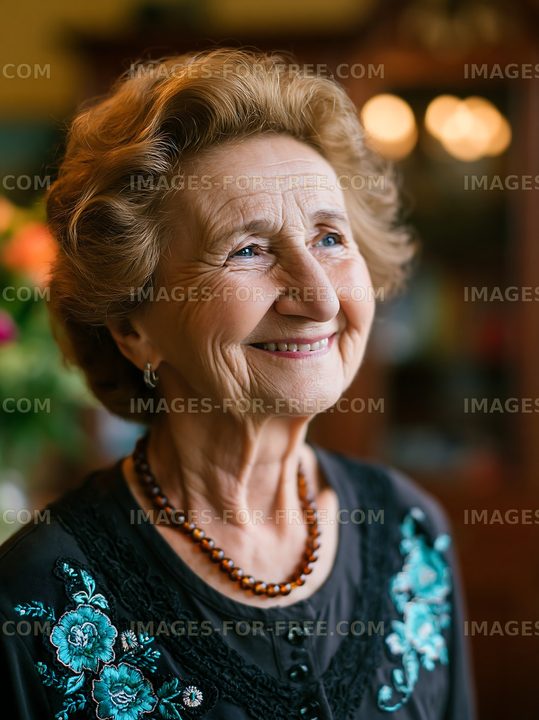 Smiling elderly woman with brown curly hair in home setting