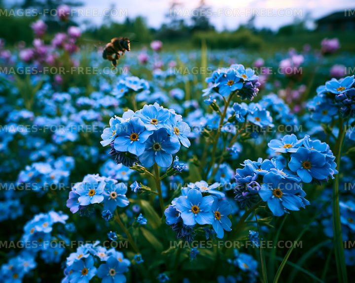 Bee hovering over blue flowers in a garden