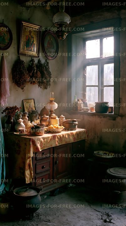 Rustic kitchen interior with natural light and vintage objects