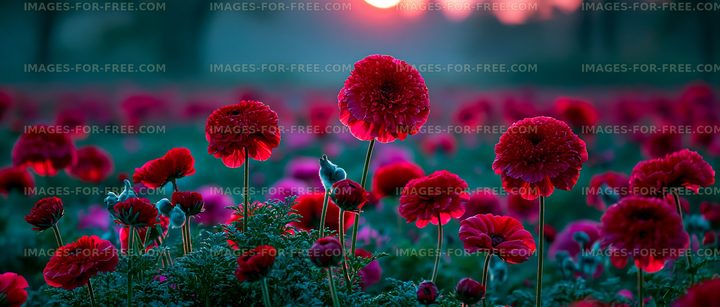 Vibrant red flowers in a field during sunset