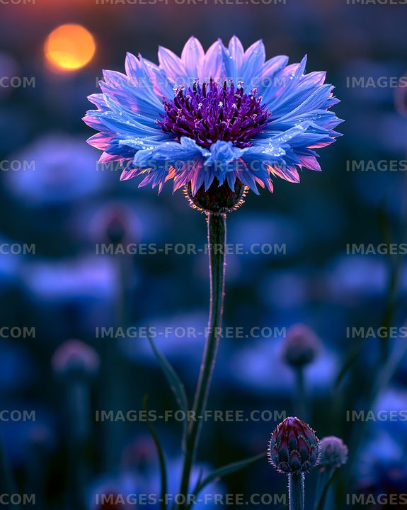 Close up of a blue flower with dew at sunset