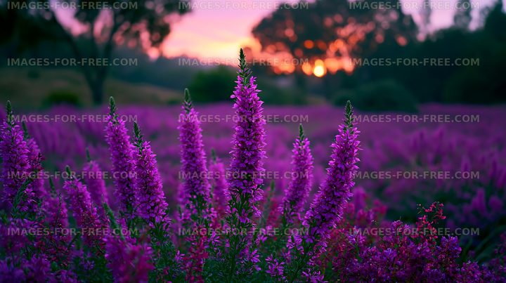 Violet flowers blooming in a field at sunset