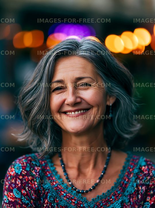 Smiling woman with gray hair in outdoor setting