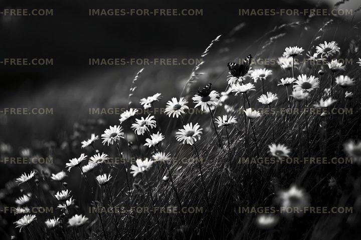 Butterflies hovering over white daisies in a grassy field