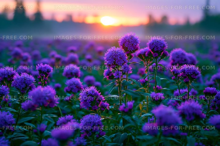 Field of purple flowers at sunset