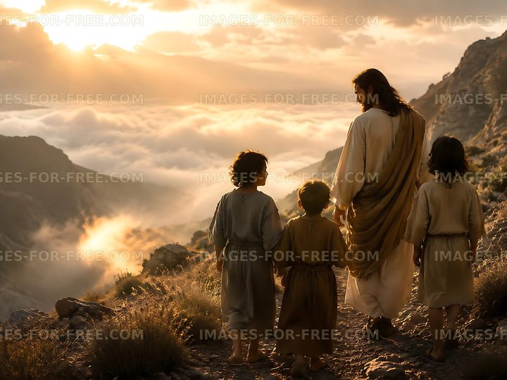 Walking together in a mountain landscape during sunset