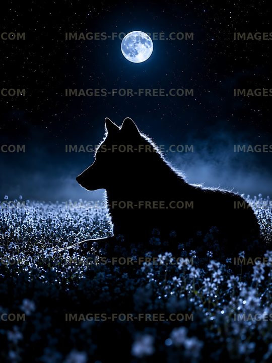 Wolf silhouette under full moon in field of flowers