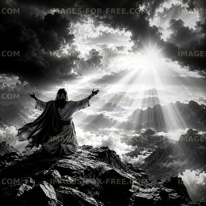Figure overlooking mountains and clouds under dramatic sky