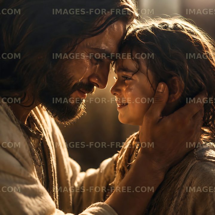 Tender moment between a man and a child in a warm setting