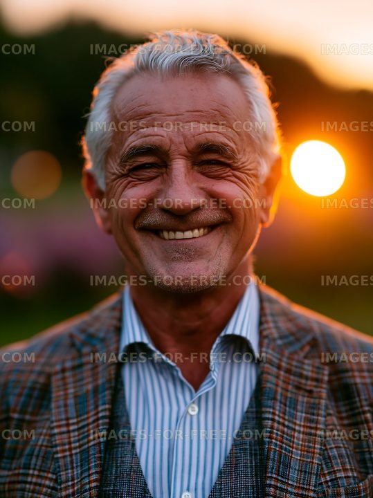 Older man smiles during sunset in a park