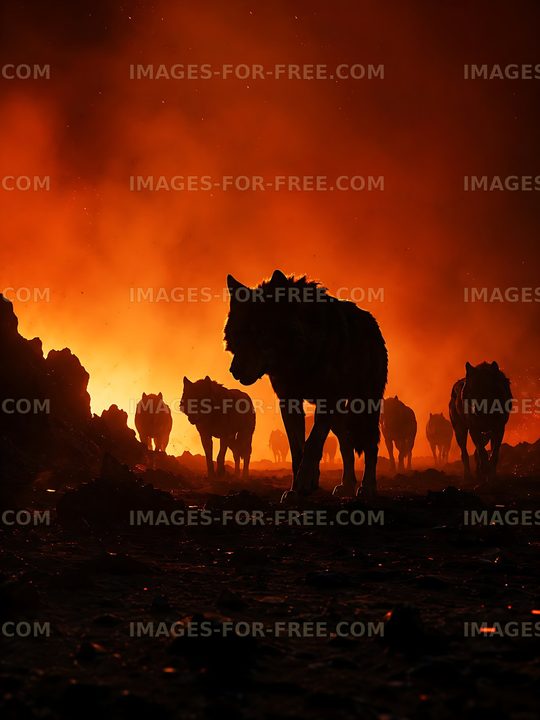 Wolves walking through smoke against a fiery background