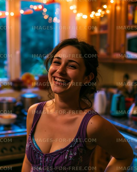 Smiling woman in cozy kitchen with warm lights