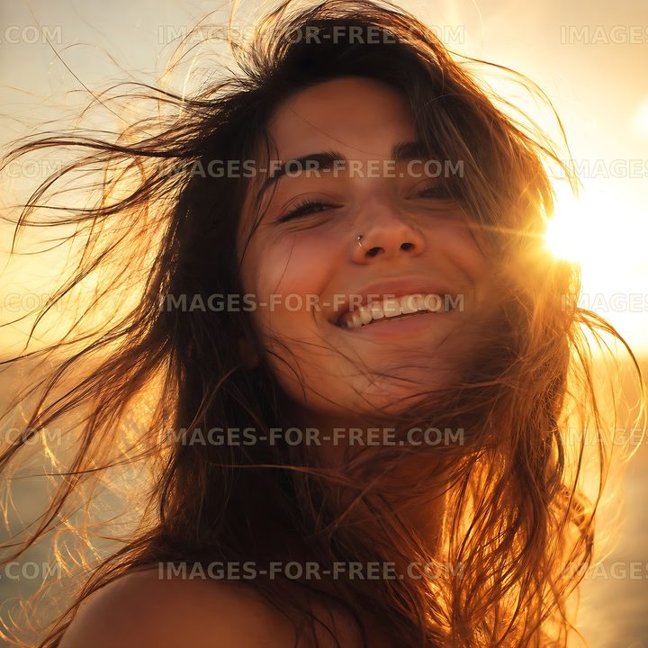 Woman smiling during sunset with wind in her hair