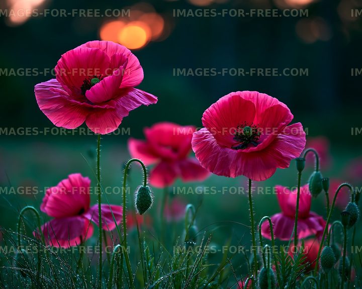 Bright pink poppy flowers in a field at sunset