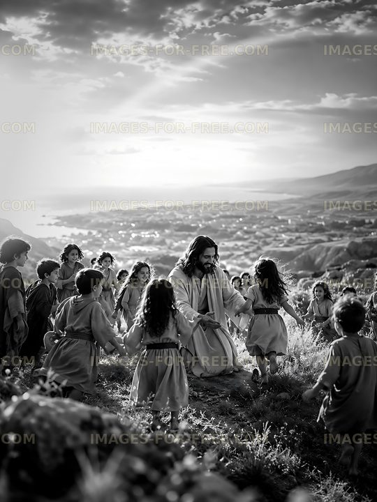 Children gather around a figure in a landscape setting