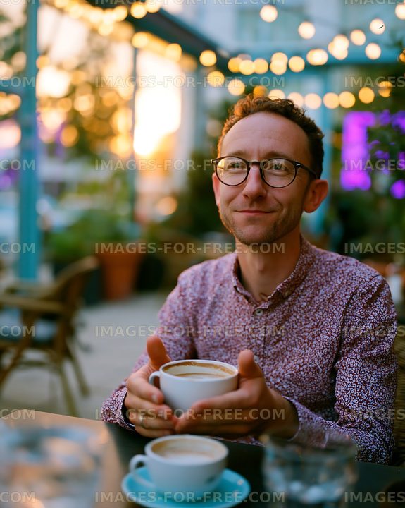 Man enjoying coffee at outdoor cafe during sunset