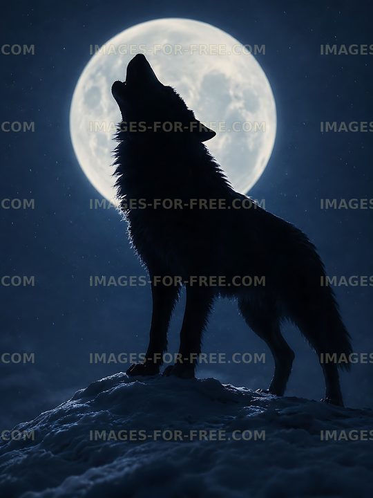 Wolf howling at full moon in a night sky