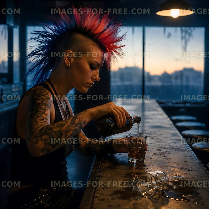 Bar attendant pouring drink at sunset in a trendy lounge