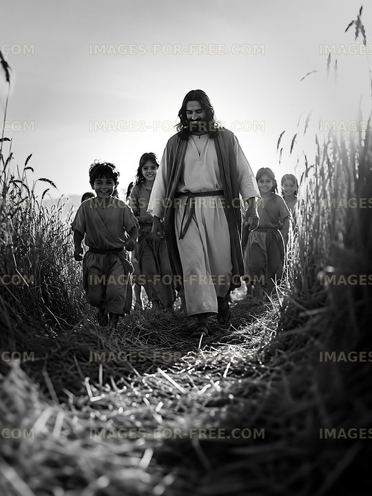 Man walking through a field with children following him