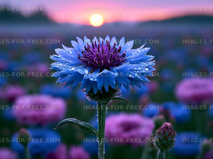 Colorful flower with dew at sunrise over a field