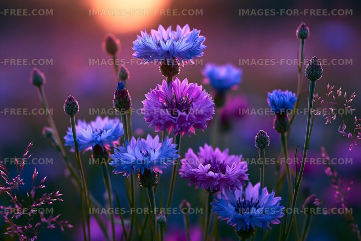Colorful flowers bloom at sunset in a garden