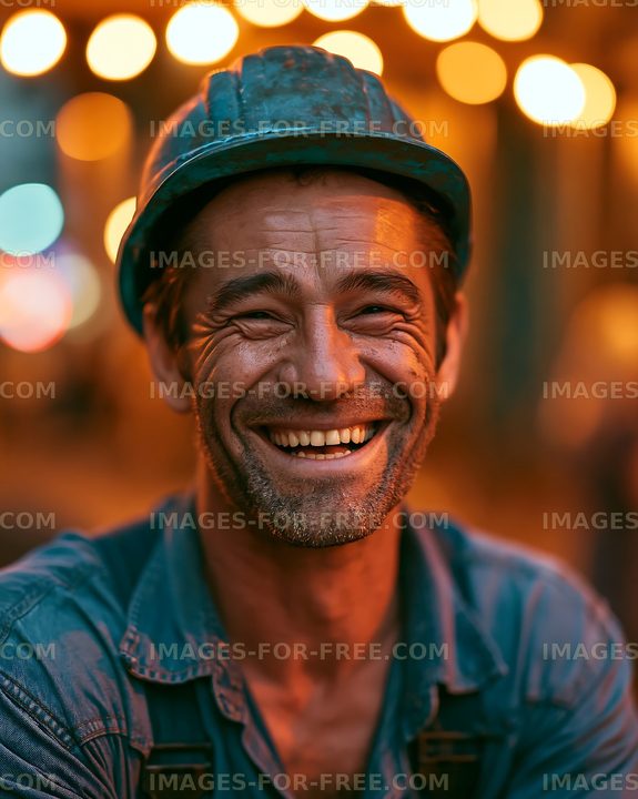 Happy construction worker smiling under lights