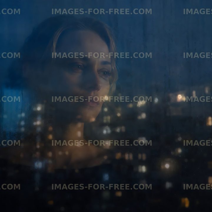 Woman gazing out window with city lights in background