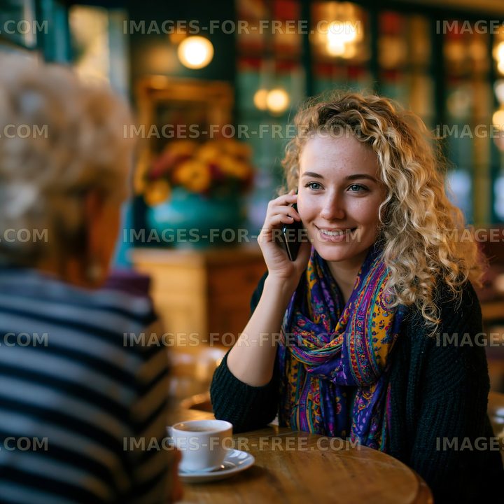 Woman talking on phone while sitting in cafe with friend