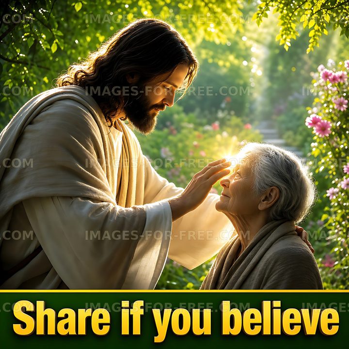 Jesus touching an elderly woman's forehead in a garden