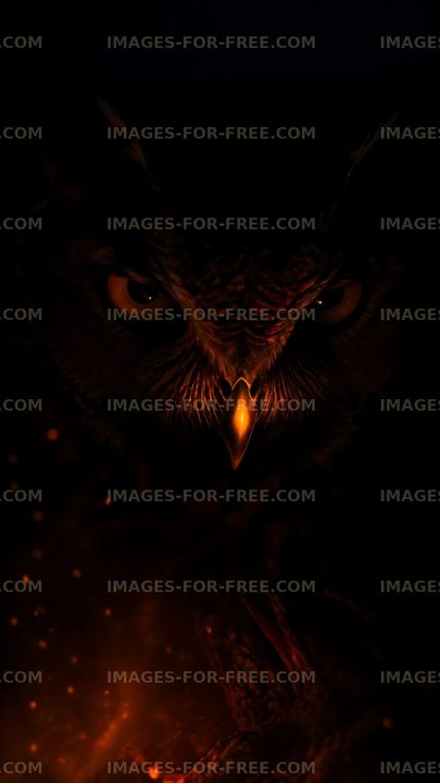 Owl with glowing eyes in dark environment