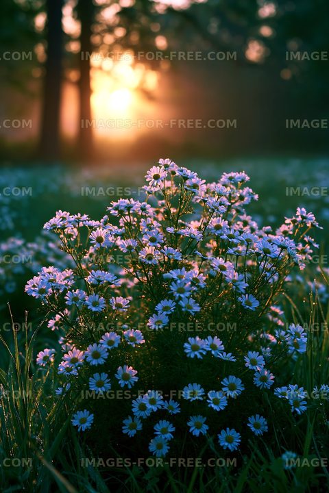 Wildflowers bloom at sunrise in a meadow