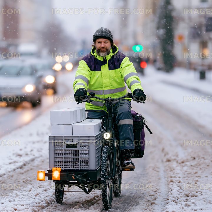 Delivery cyclist riding through snowy urban streets