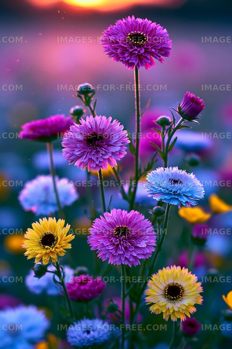 Colorful flowers blooming during sunset in a garden