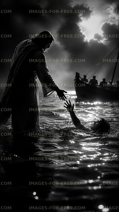 Rescue scene in dark waters with figures and a boat
