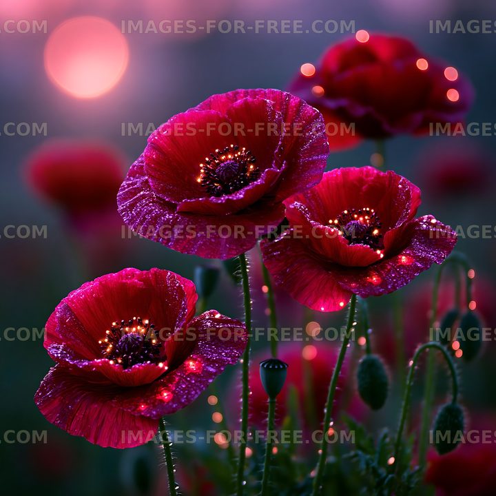 Red poppies in field with evening sunlight