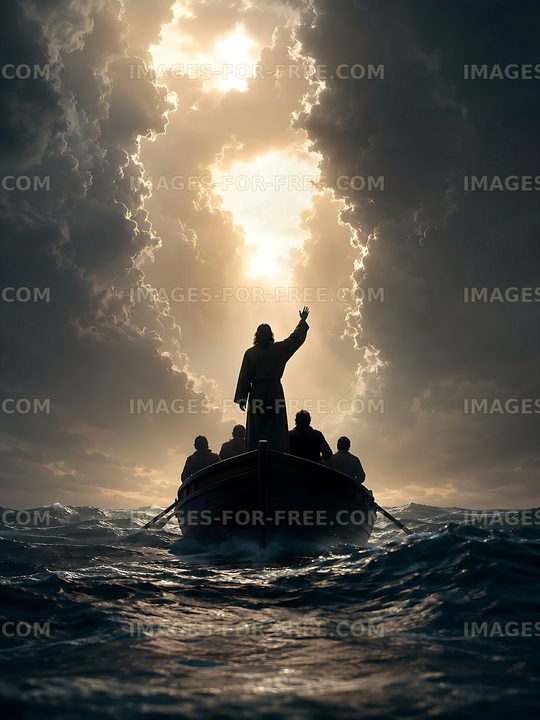 Man and boat in stormy sea under breaking clouds