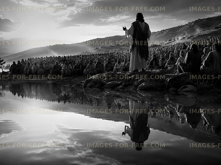 Jesus addresses a large crowd near a lake