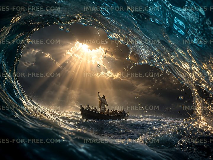 Man in boat during storm with waves and sunlight breaking through