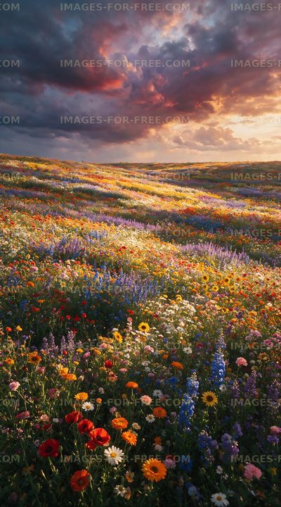 Vibrant flower field during sunset in a rolling landscape