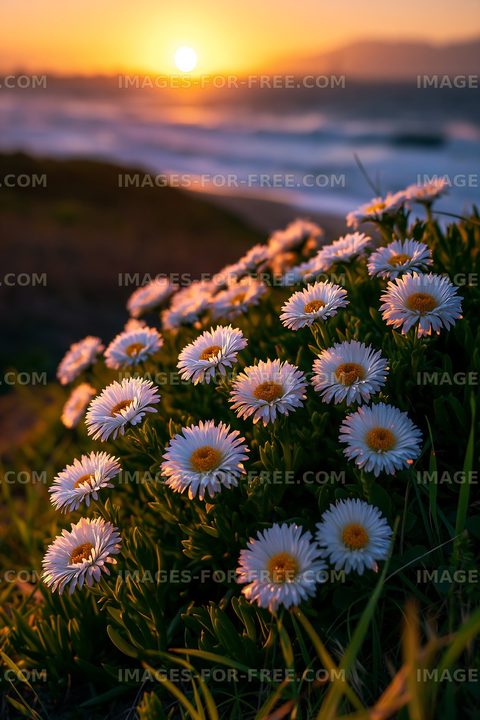 Flowers by the shore with sunset in the background