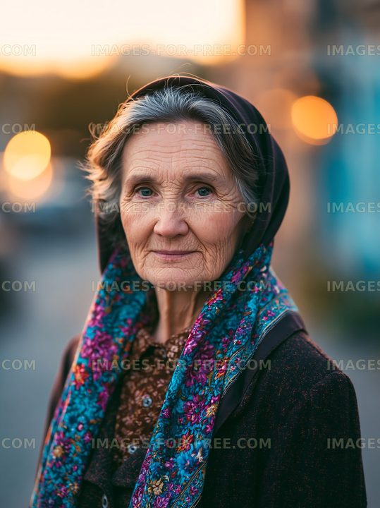 Elderly woman with a headscarf standing outdoors at sunset